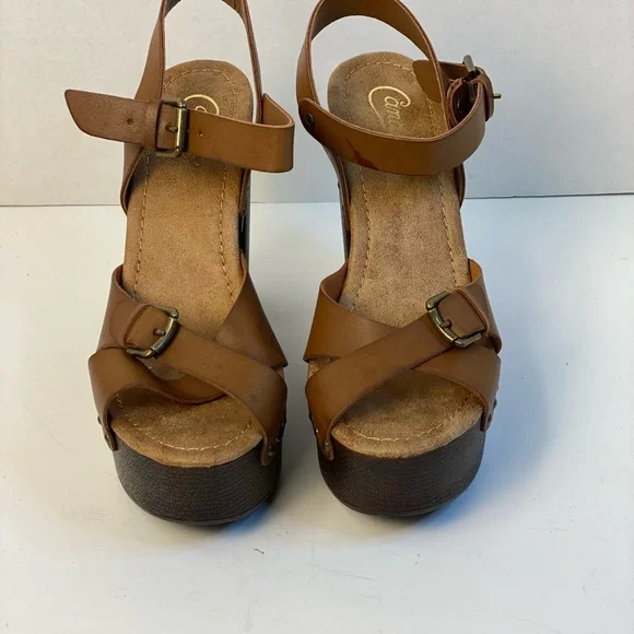 Candie's Brown Platform Shoes with Criss-Cross Straps Vintage - Picture 1 of 15